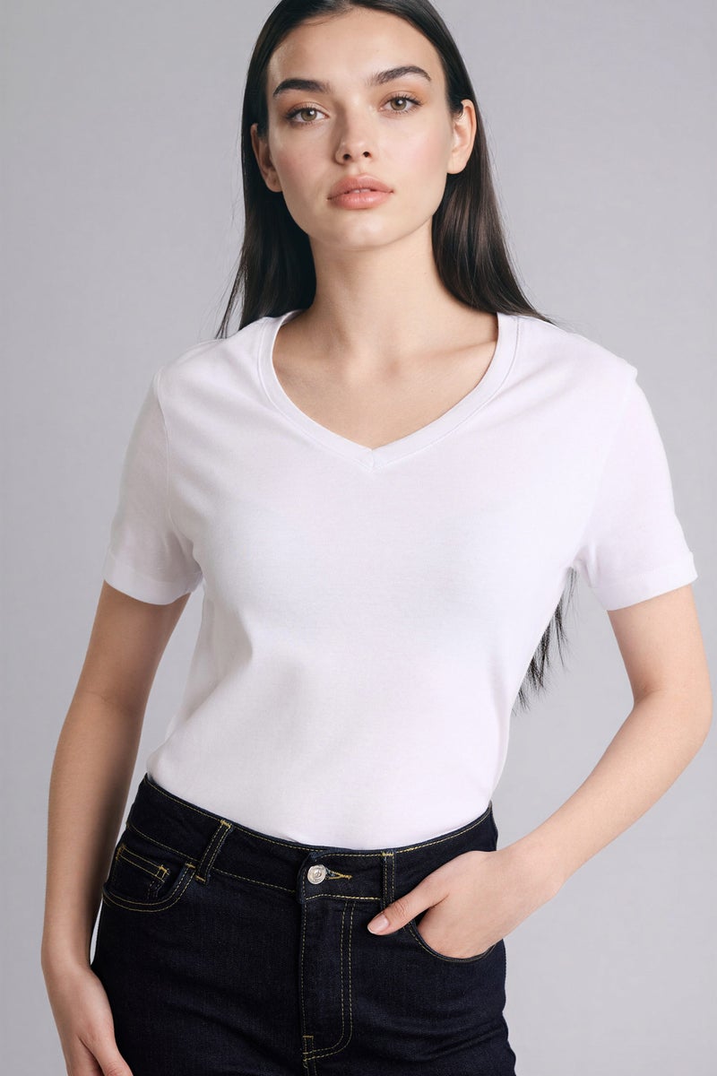 DeFacto White Woman Slim Fit V-Neck Basic Ribbed T-Shirt Casual - Image 1